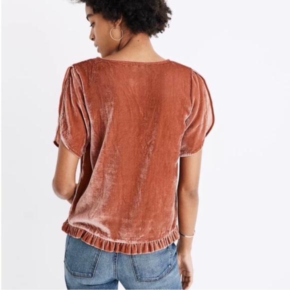 Madewell Tulip-Sleeved Pink Velvet Ruffle Top - Picture 3 of 6